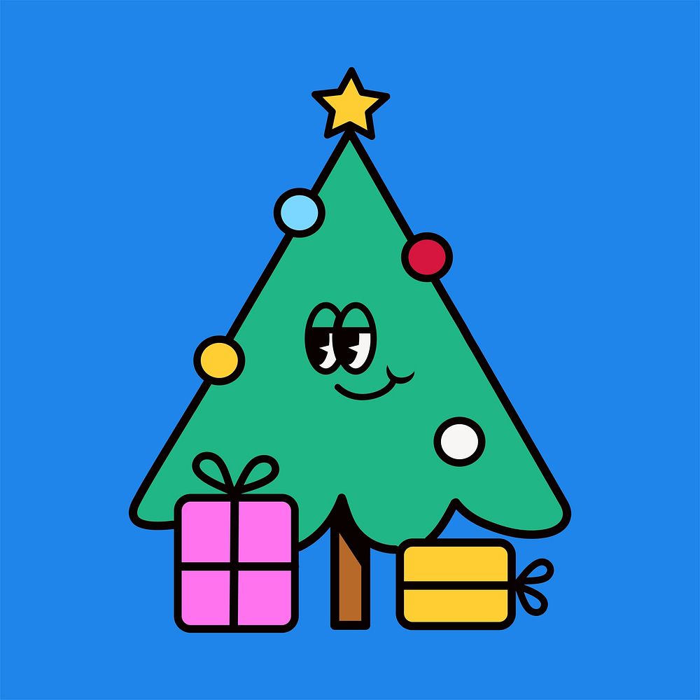 Christmas tree cartoon, line art illustration vector