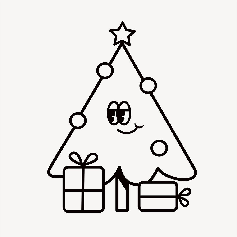 Christmas tree cartoon, line art illustration vector