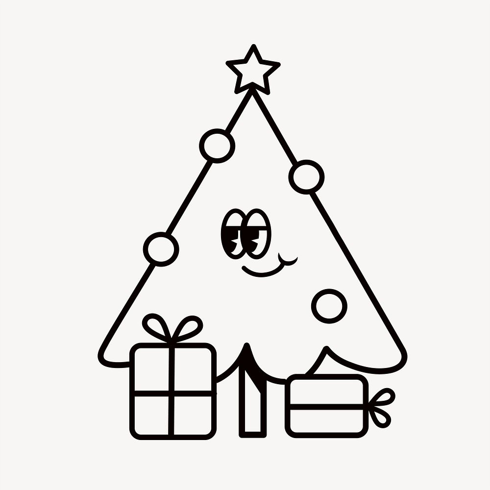 Christmas tree cartoon, line art illustration
