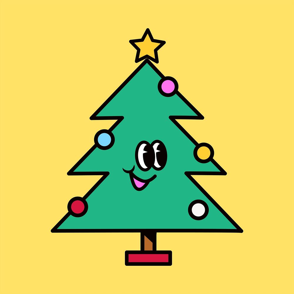 Christmas tree cartoon, line art illustration