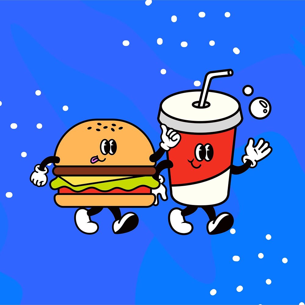 Cute junk food cartoon, retro funky illustration