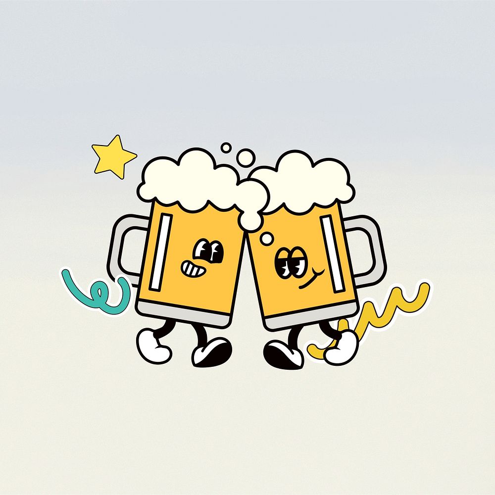 Clinking beer glasses, funky cartoon illustration