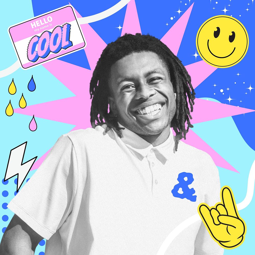 Cheerful black man, funky collage art