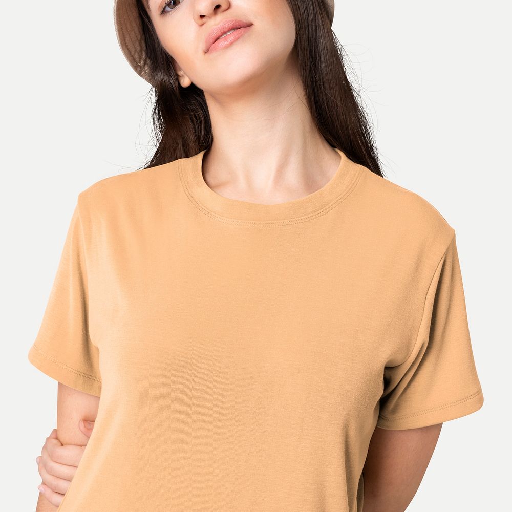 Women’s beige t-shirt mockup psd simple fashion studio shoot