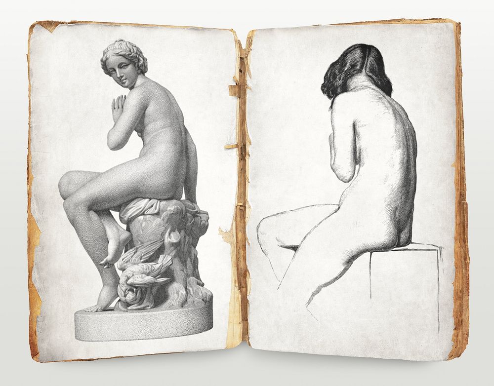 Woman sketches on vintage book