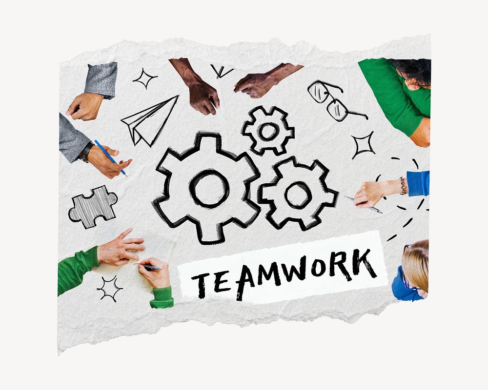 Teamwork word, cogwheel business doodle remix on paper texture