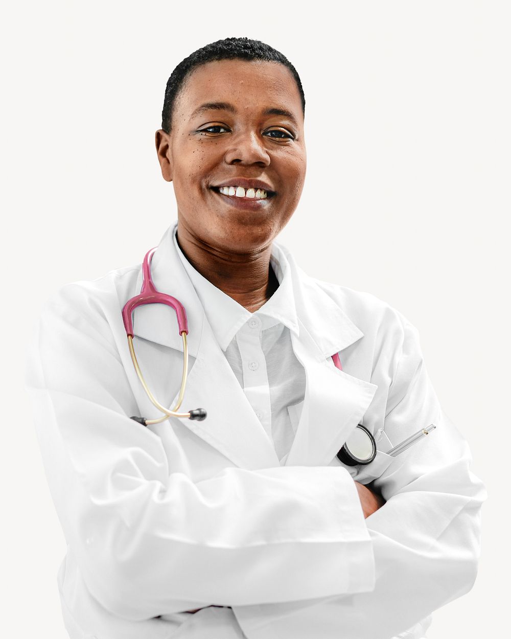 Black doctor smile isolated image on white