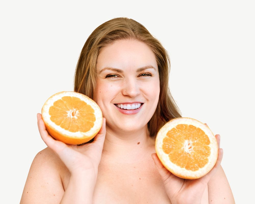Blond woman holding two oranges collage element psd