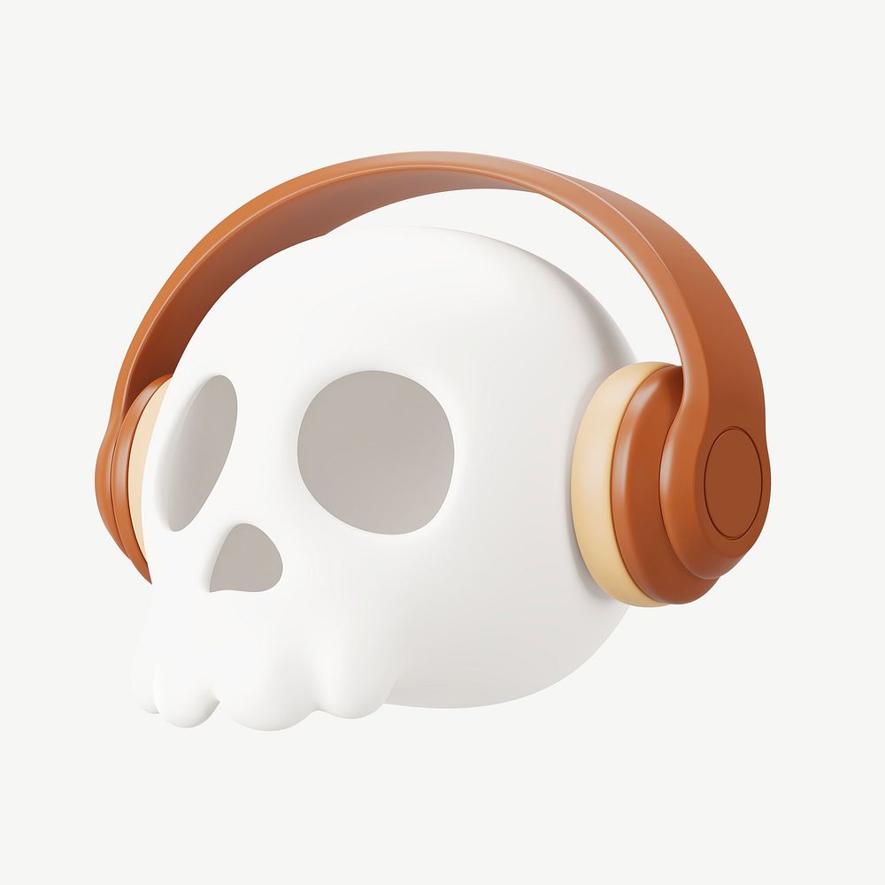 3D skull with headphones, collage element psd