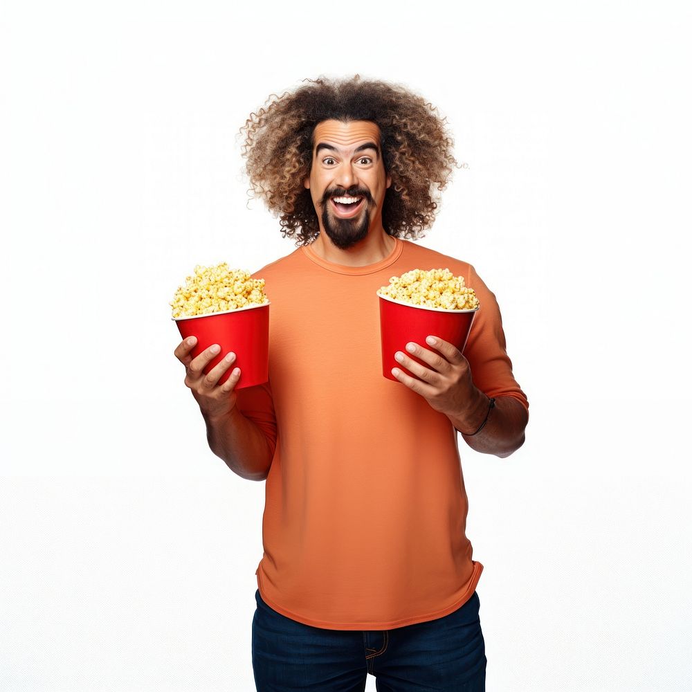 Popcorn t-shirt white background hairstyle. 