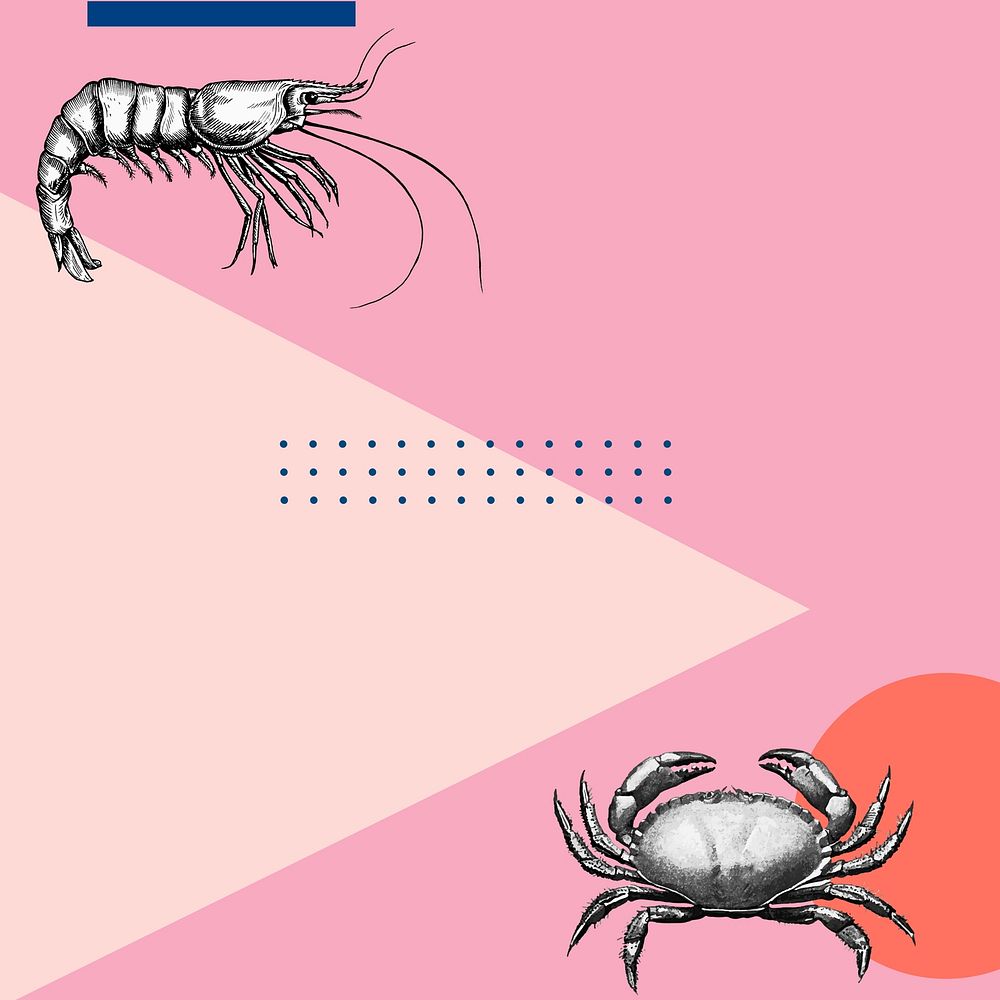 Pink abstract geometric background, prawn and crab border