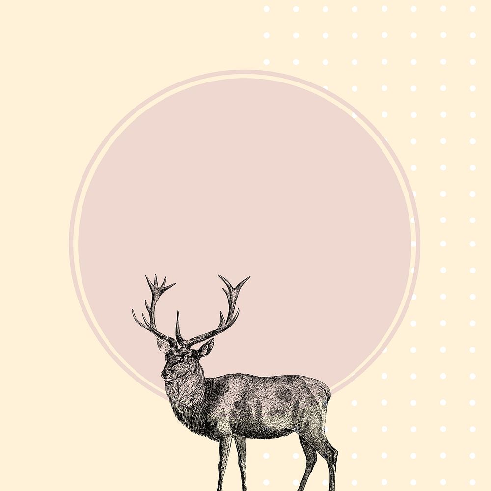 Pink circle background, vintage stag deer illustration