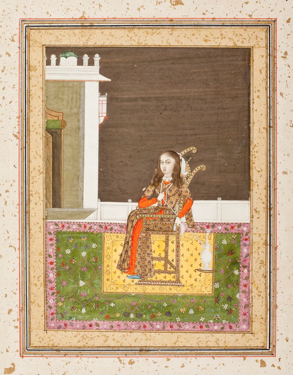 European Woman Seated on a Terrace Smoking a Venetian-Style Hookah, Folio from an Album Belonging to Nawab Shuja al-Daula…