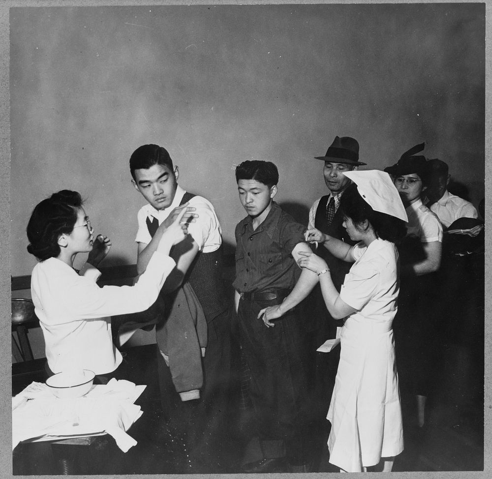San Francisco, Calif., Apr. 1942 - evacuees of Japanese descent being inoculated as they registered for evacuation, and…