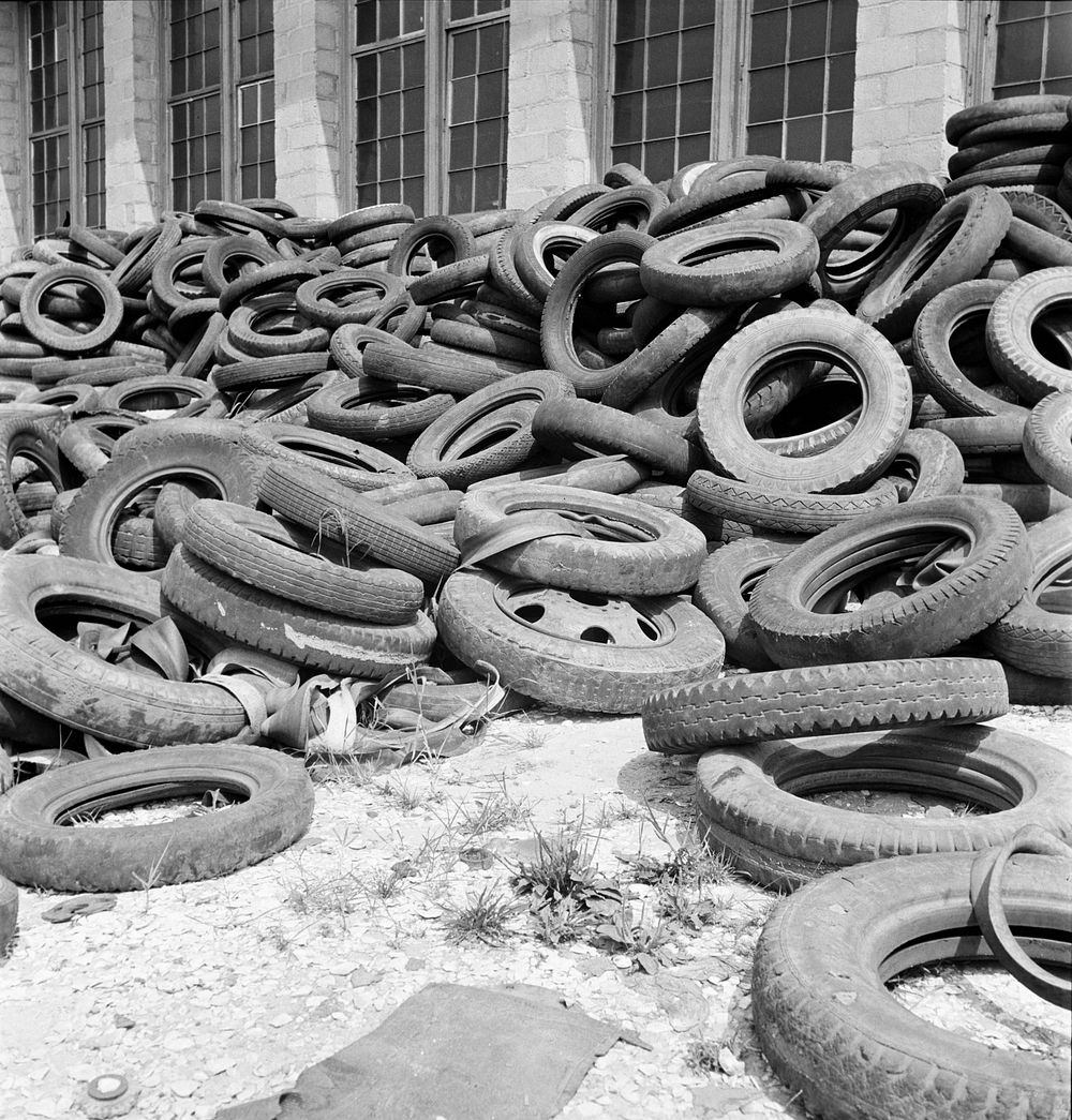 Conservation. Scrap iron and steel. Tires reclaimed from automobiles, scrapped for their iron and steel content. The rubber…