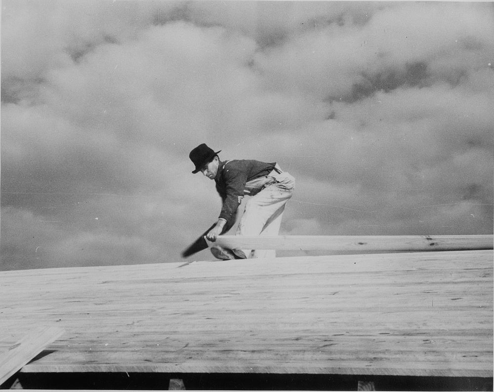 Carpenter working on the roof of the first shelter near the lake site of the Berwyn project, Maryland. Sourced from the…