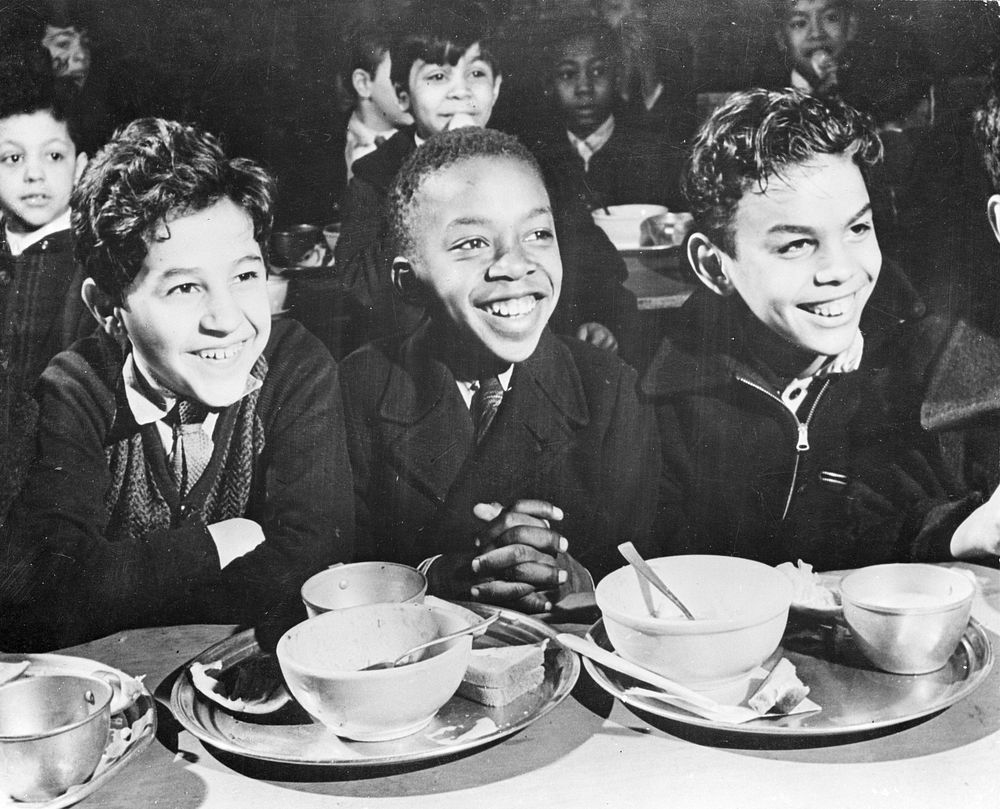 [Untitled photo shows: three boys at school lunch in New York]. Sourced from the Library of Congress.