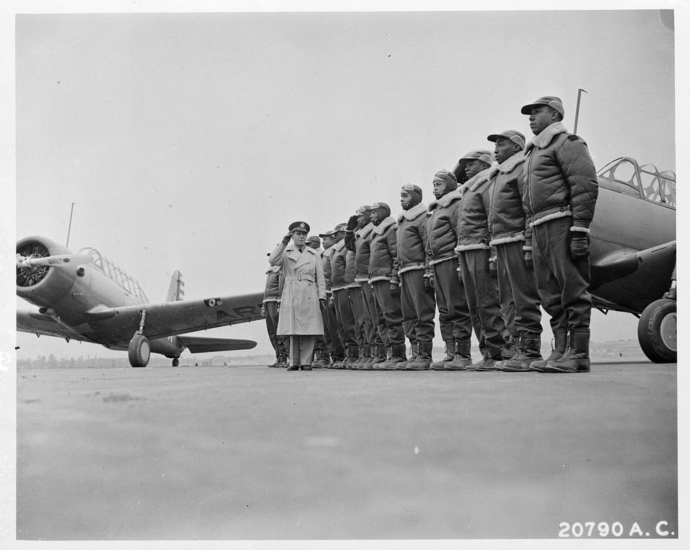 [Untitled photo shows: Tuskegee airmen training, Tuskegee, Alabama]. Sourced from the Library of Congress.