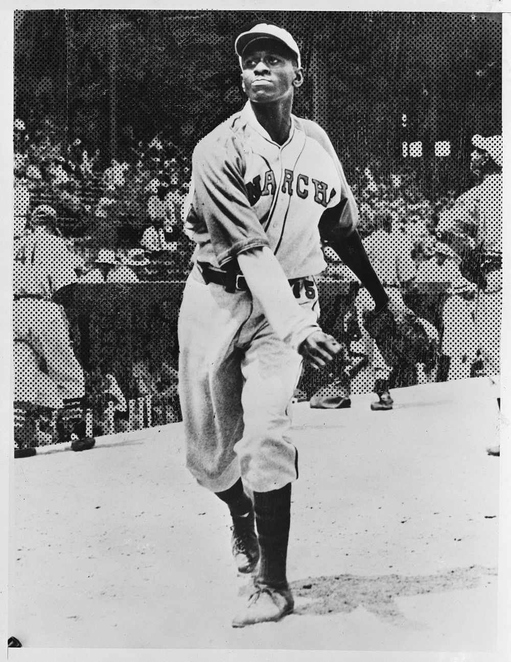 [Untitled photo shows: Satchel Paige, in the Kansas City Monarchs uniform at a baseball game]. Sourced from the Library of…