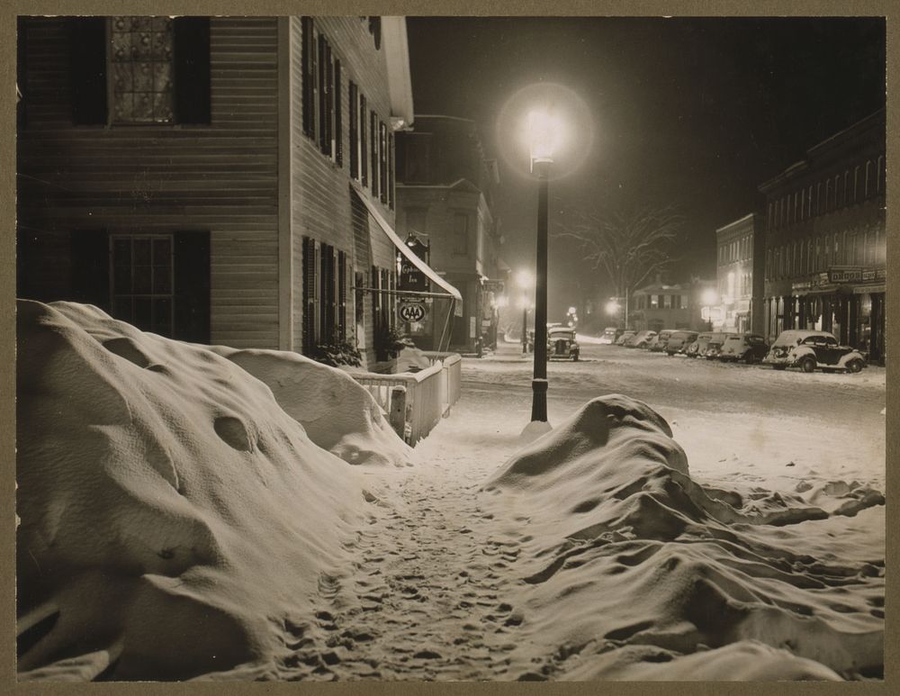 Center of town. Woodstock, Vermont. "Snowy night". Sourced from the Library of Congress.