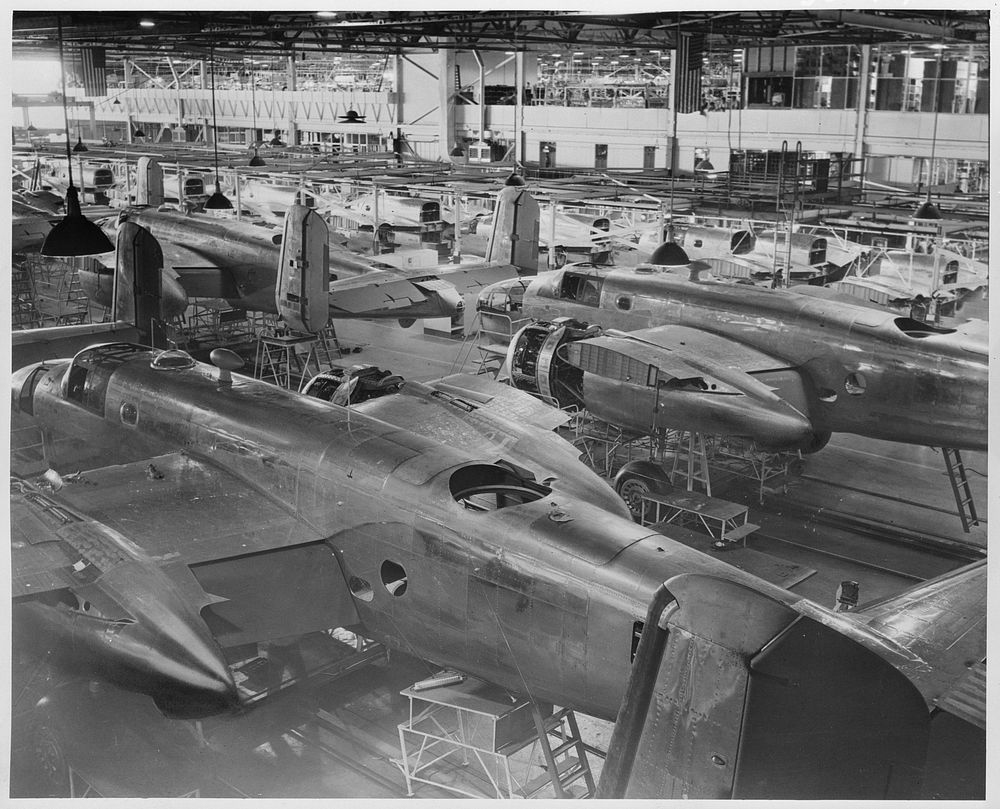 Partial view of North American Aviation's B-25 final assembly line. Sourced from the Library of Congress.