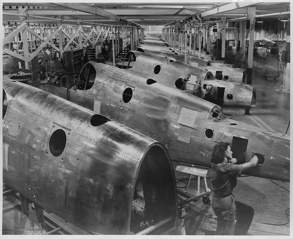 North American Aviation's P-51 fuselage overhead conveyor line. Sourced from the Library of Congress.