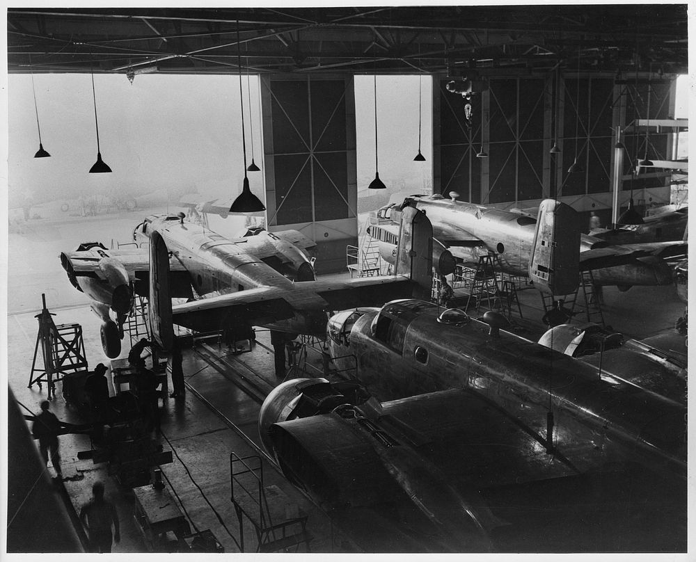 B-25 bombers roll off the line at North American Aviation's Inglewood plant. Sourced from the Library of Congress.