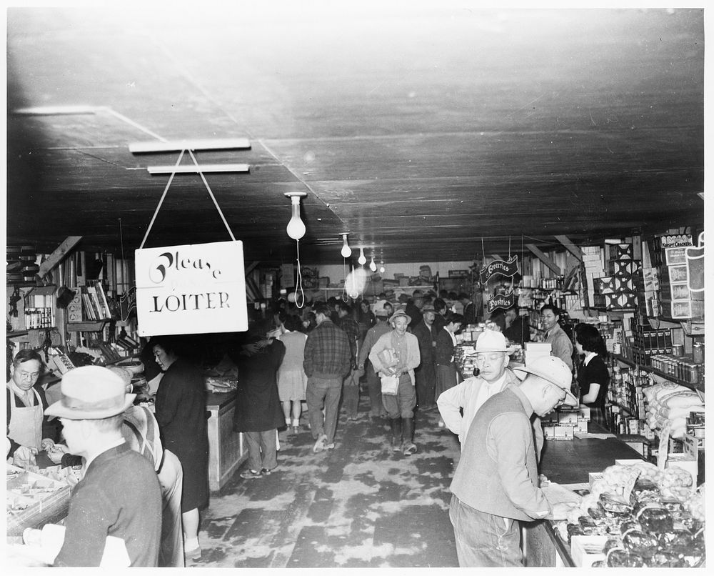 [Tule Lake Relocation Center, Newell, California, people getting groceries in cooperative store]. Sourced from the Library…