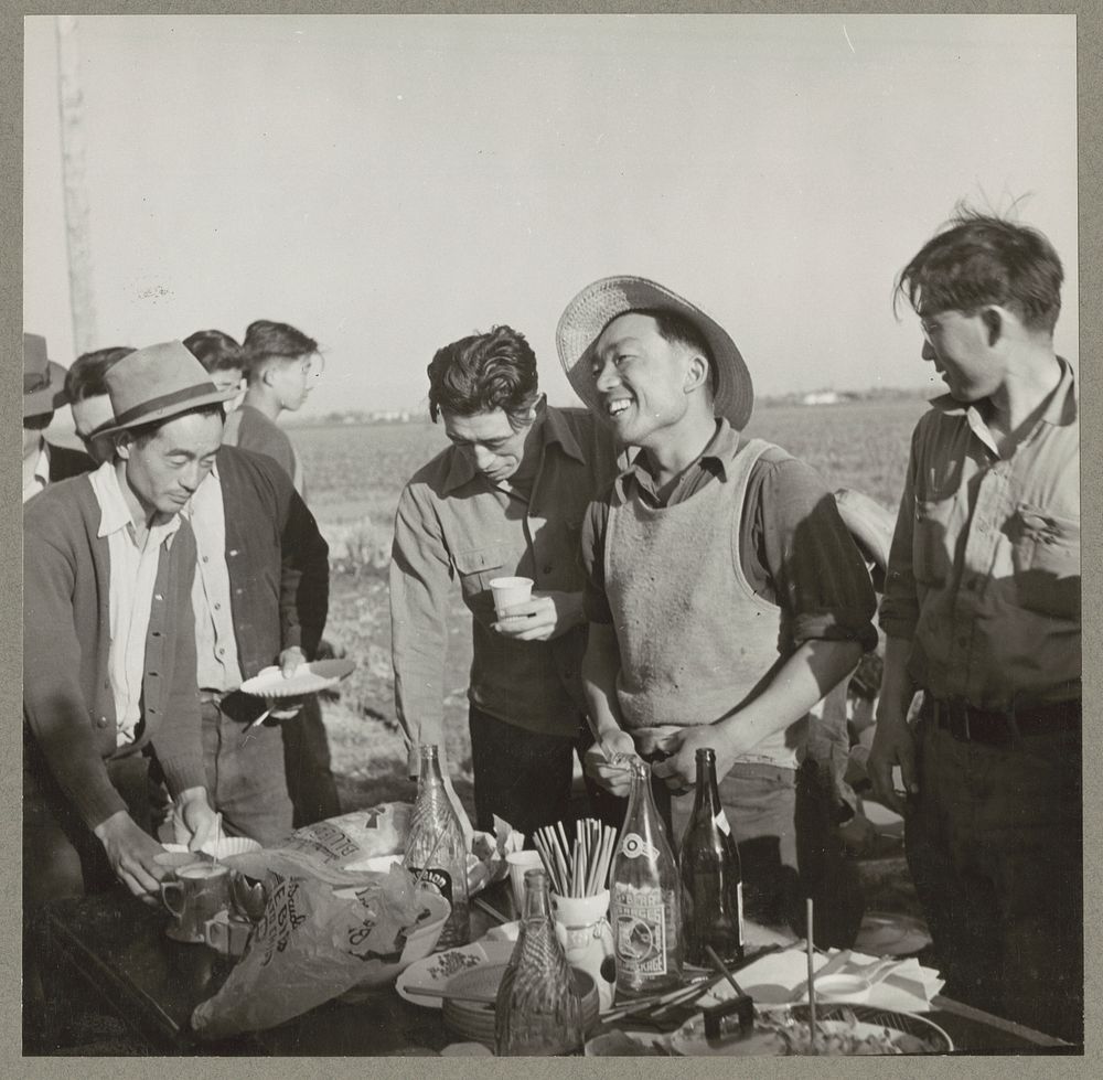 Mountain View, Calif. Apr. 1942. A barbeque picnic on a farm in Santa Clara County for evacuees of Japanese ancestry who…