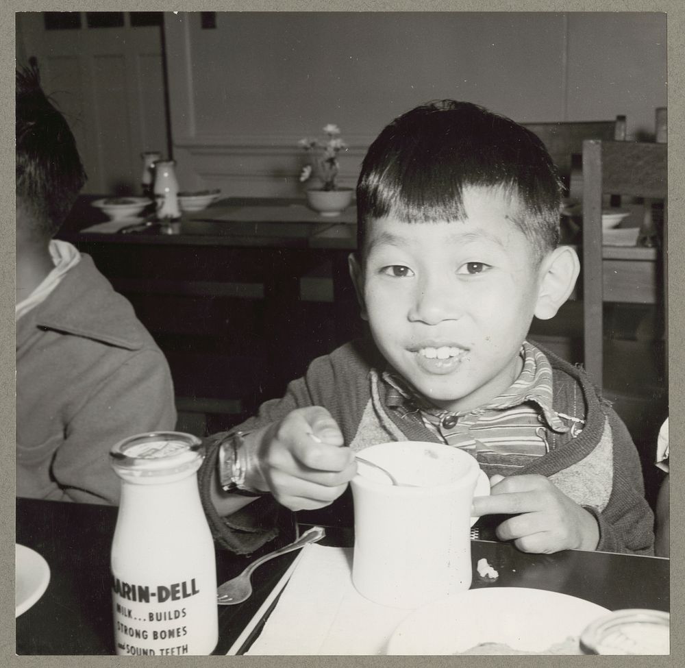 San Francisco, Calif. Apr. 1942. A pupil of the Weill public school having lunch. He is one of the evacuees of Japanese…