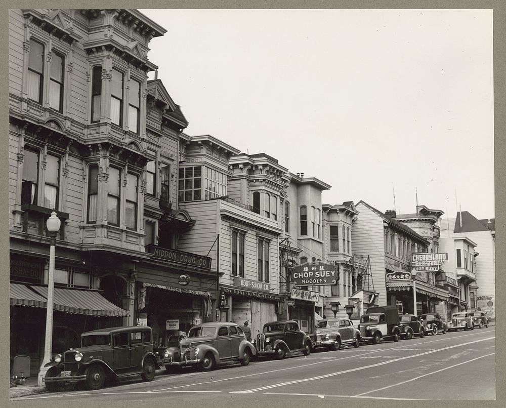 San Francisco, Calif. Apr. 1942. A view of the business district on Post Street in a neighborhood occupied by residents of…