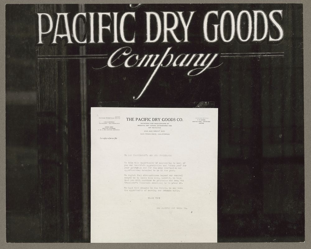 San Francisco, Calif. Apr. 1942. A letter of appreciation posted in a show window of the Pacific Dry Goods Company, 440…