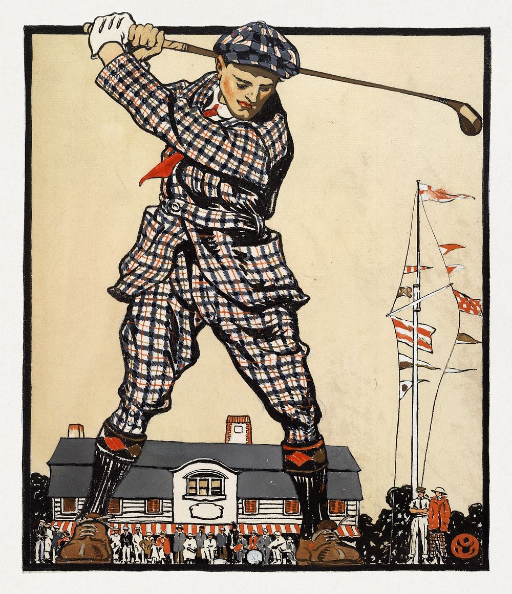 Man swinging golf club (1915), vintage illustration by Edward Penfield. Original public domain image from the Library of…