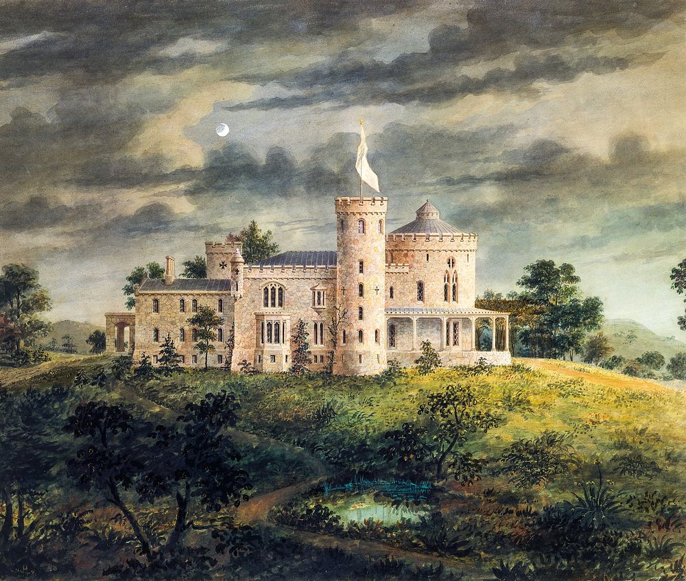 Ericstan, for John J. Herrick, Tarrytown, New York (perspective) (1855), vintage castle illustration by Alexander Jackson…