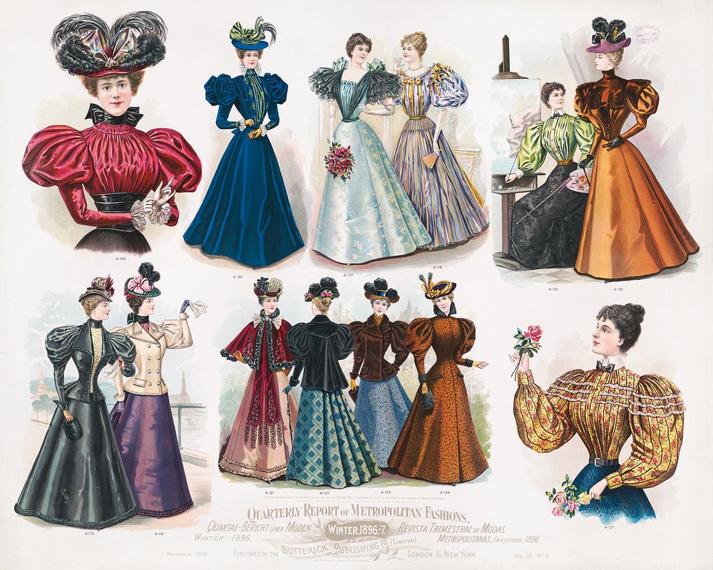Quarterly report of metropolitan fashions. Winter (1895), Victorian era women's fashion illustration. Original public domain…