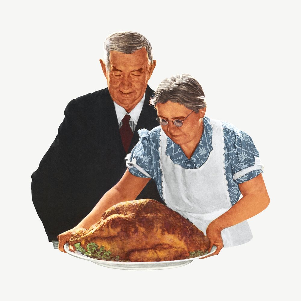 Woman serving turkey, vintage Thanksgiving illustration by Norman Rockwell psd. Remixed by rawpixel.