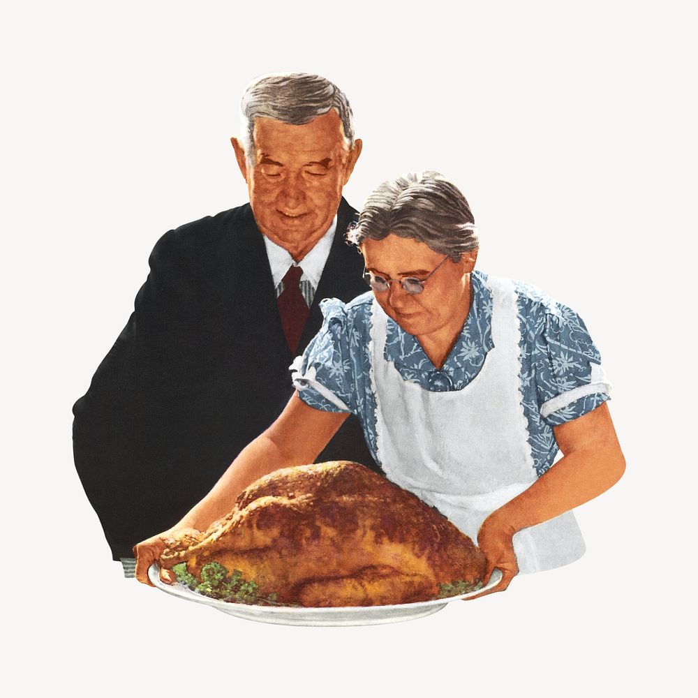Woman serving turkey, vintage Thanksgiving illustration by Norman Rockwell. Remixed by rawpixel.