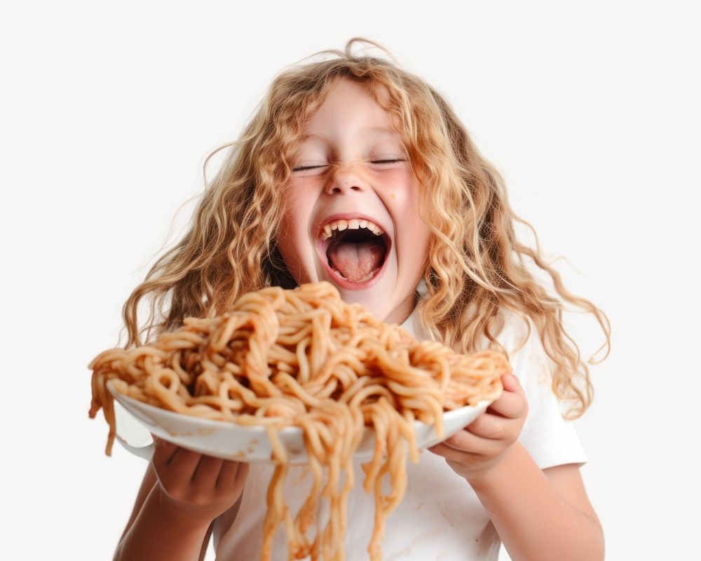 Eating portrait pasta child. AI generated Image by rawpixel.