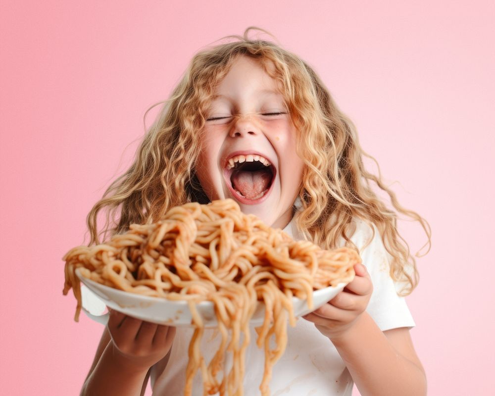 Eating portrait pasta child. AI generated Image by rawpixel.