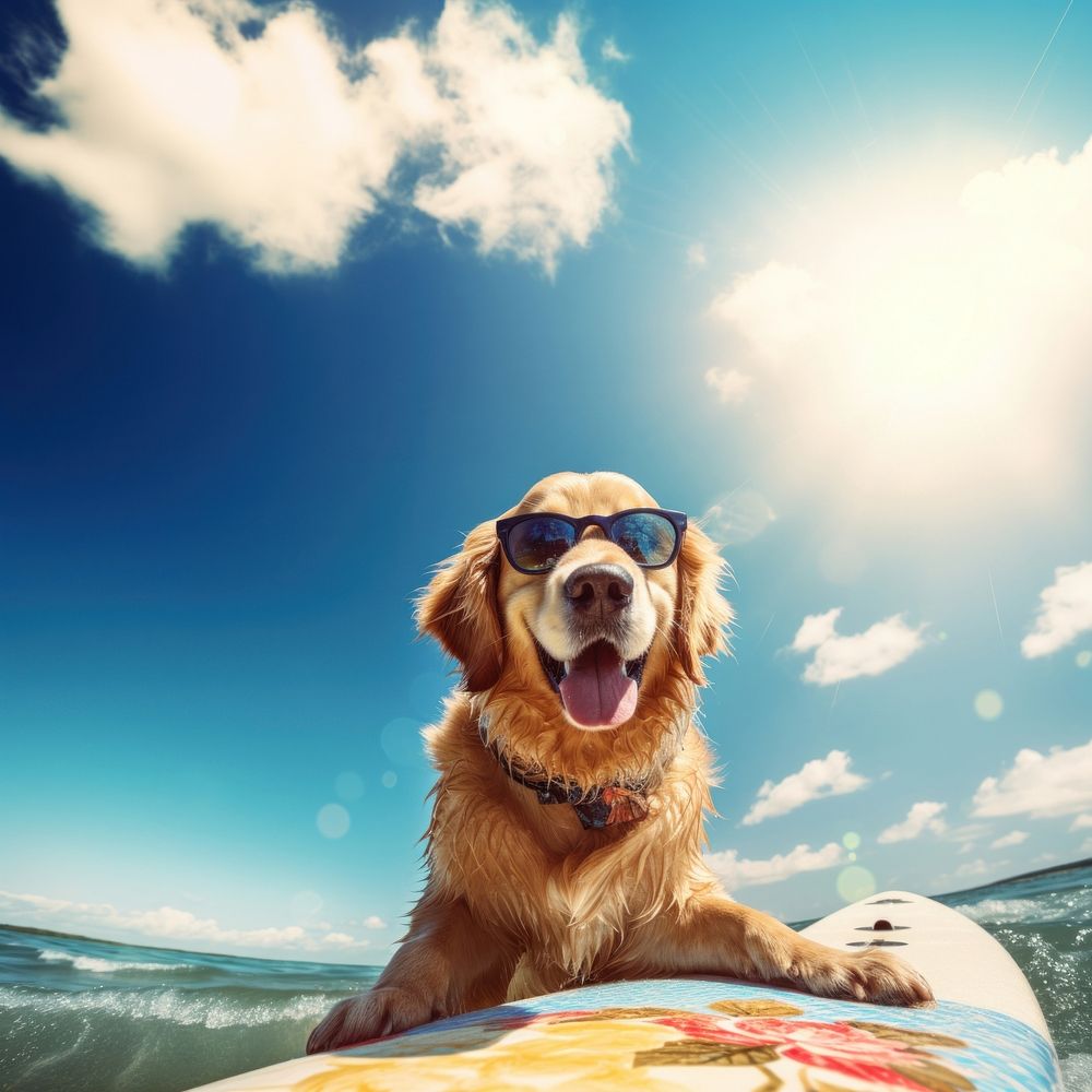 Sunglasses retriever outdoors surfing. AI generated Image by rawpixel.