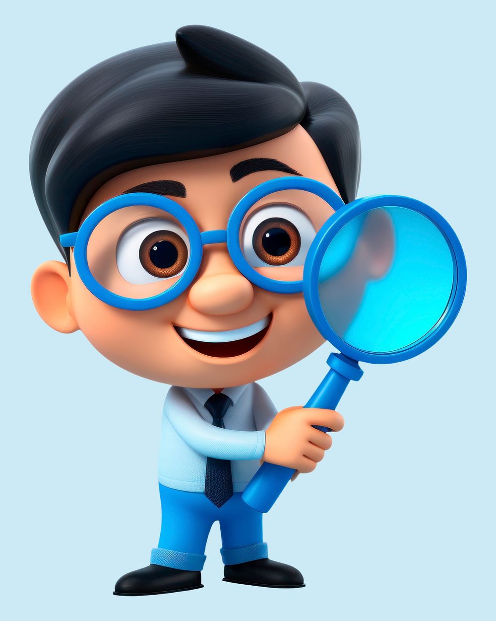 Magnifying cartoon blue white background. 