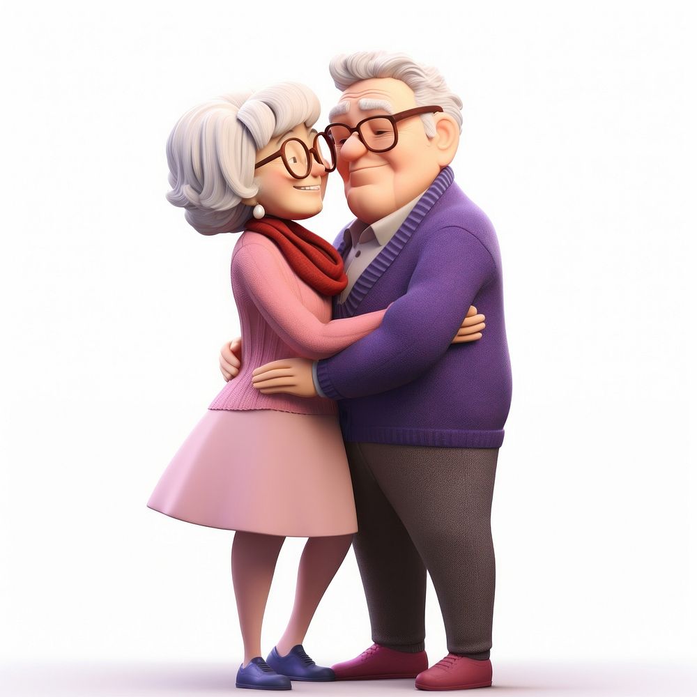 Hugging smiling cartoon adult. 