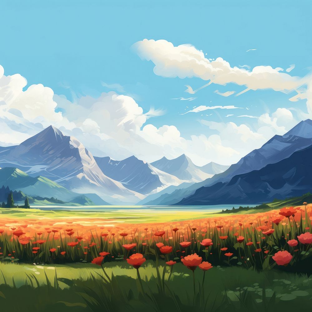 Landscape flower field grassland. AI generated Image by rawpixel.