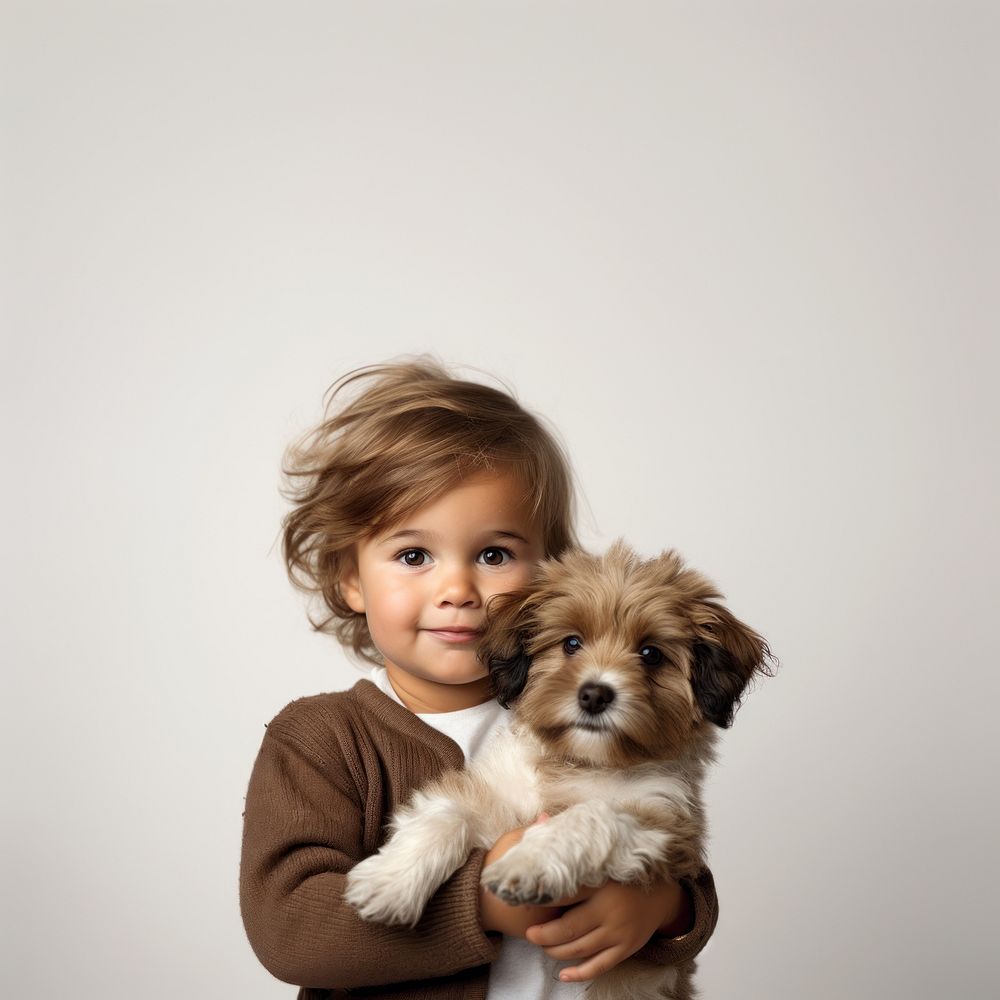 Portrait puppy holding toddler. AI generated Image by rawpixel.