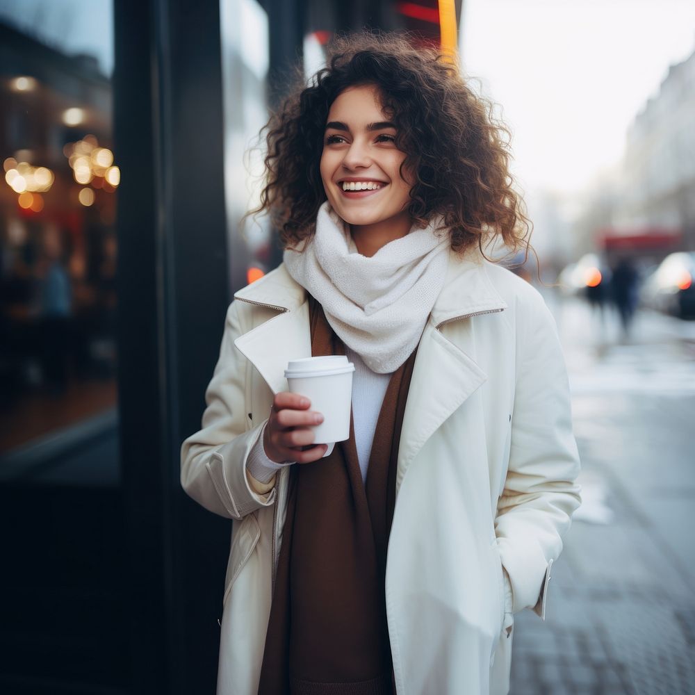 Coat cheerful outdoors coffee. AI generated Image by rawpixel.