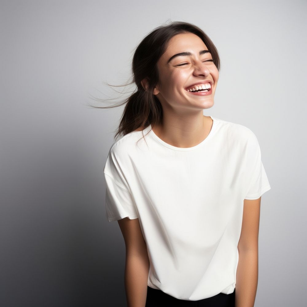 Laughing portrait t-shirt blouse. AI generated Image by rawpixel.