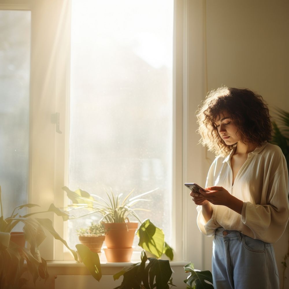 Windowsill adult plant phone. AI generated Image by rawpixel.