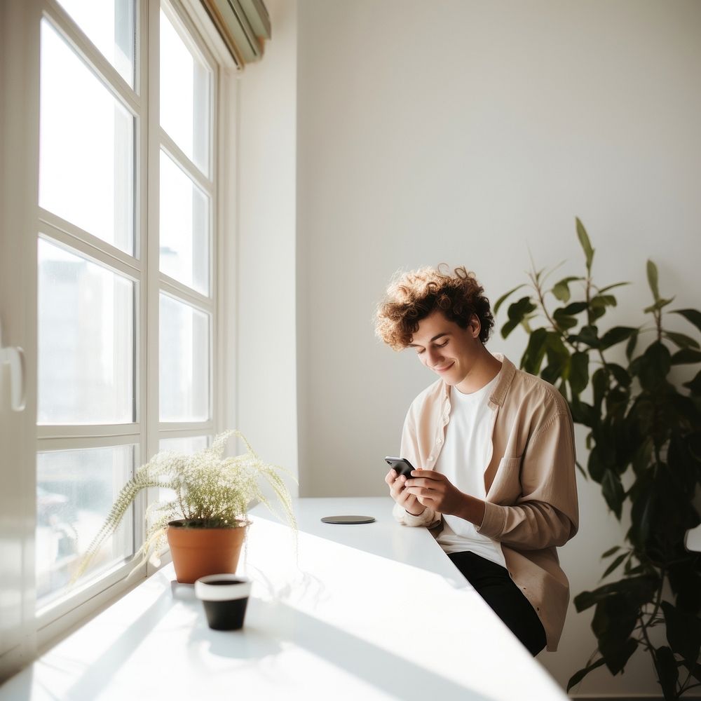 Windowsill phone contemplation conversation. AI generated Image by rawpixel.