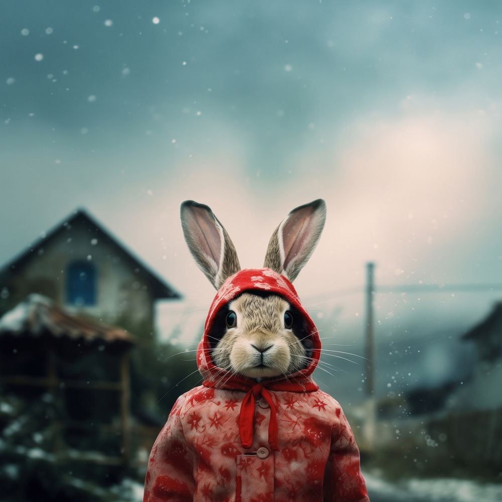 Rabbit wearing hoodie. 