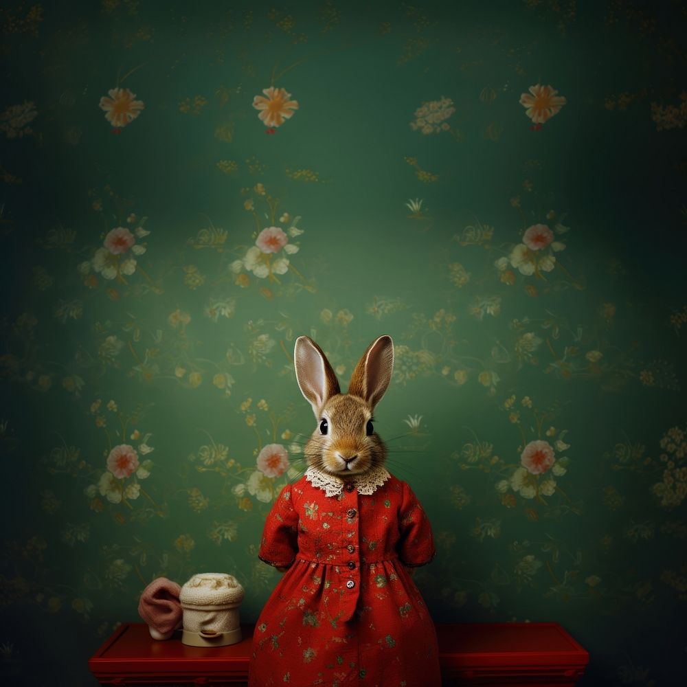 Rabbit wearing a dress. 